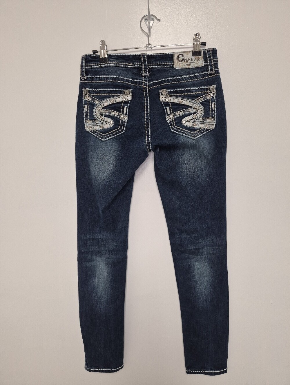 Y2K Charme by Grace Thick Embroidered Bedazzled Pockets Dark Wash Jeans sz 26